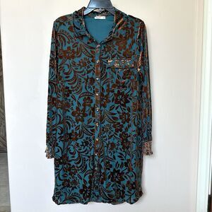 Cozy Co Mini Dress S Velvet Burnout Turquoise Brown Floral Fairy Western Whimsy